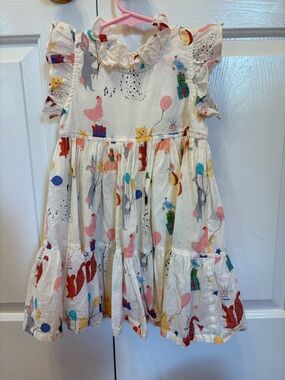 Pink Chicken Girls White Animal & Balloon Print Ruffled Dress